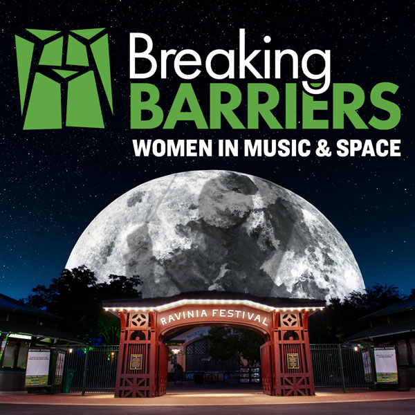 A large illustration of the Moon with Marin Alsop's shadow cast on the surface in the background of Ravinia's main entrance