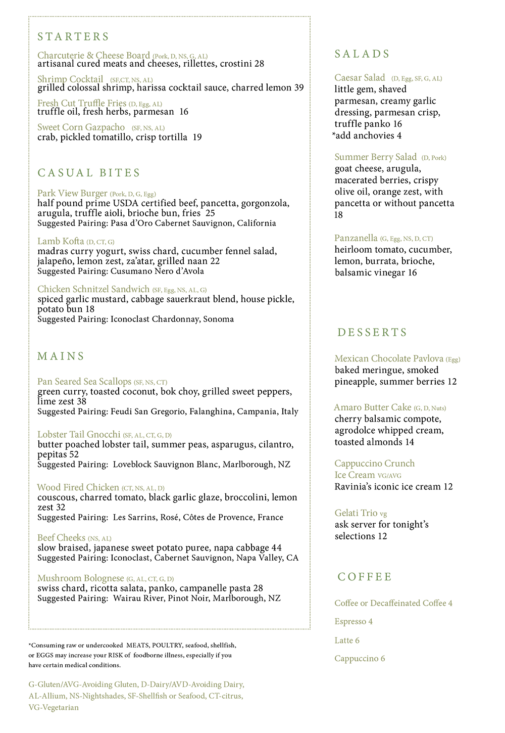 Park View menu, updated June 3, 2024